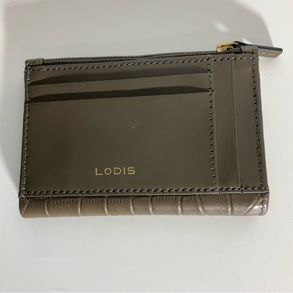 LODIS Brown Crocs Leather Bifold Sm Wallet Gold Hardware, 8 Card Slots Zip Area - Picture 9 of 16